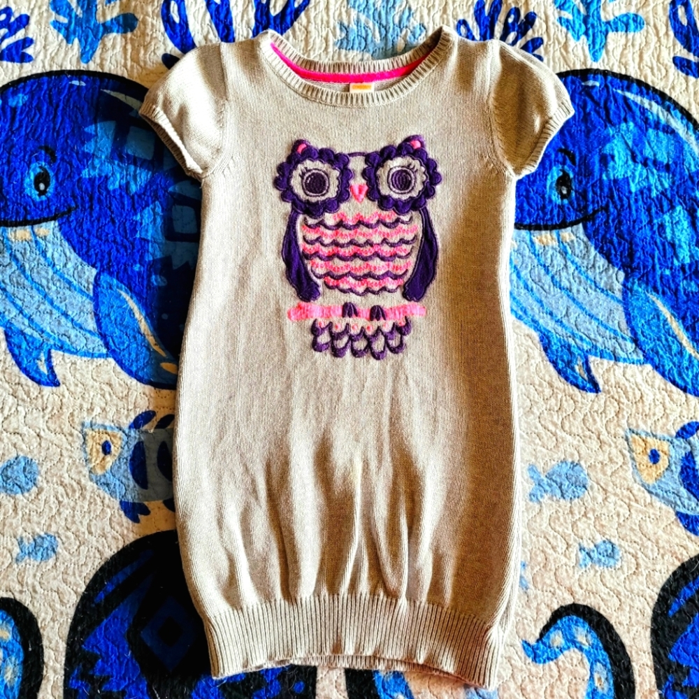 Gymboree Girl's sz 6 Grey Short Sleeve Sweater Dress Purple Owl